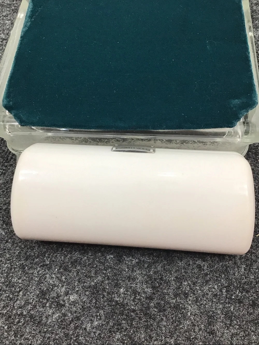 Jimmy Choo White Gloss Cylindrical Case with Metal Plaque hardshell